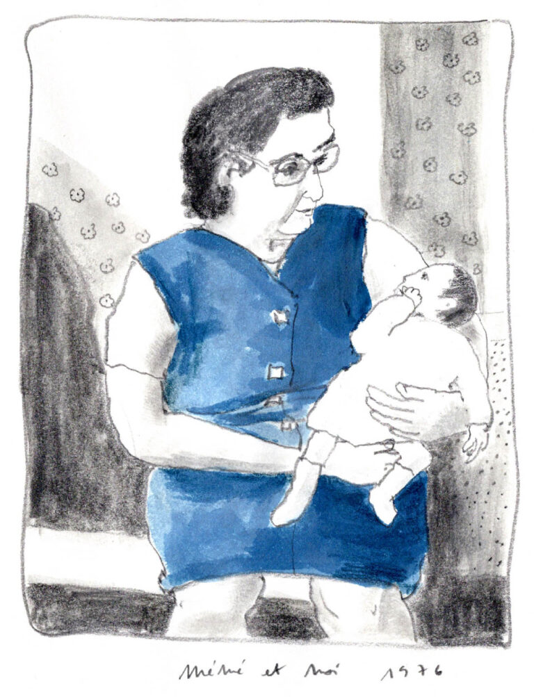 A pencil drawing of an old lady in a blue dress holding a baby. They look at each other.
