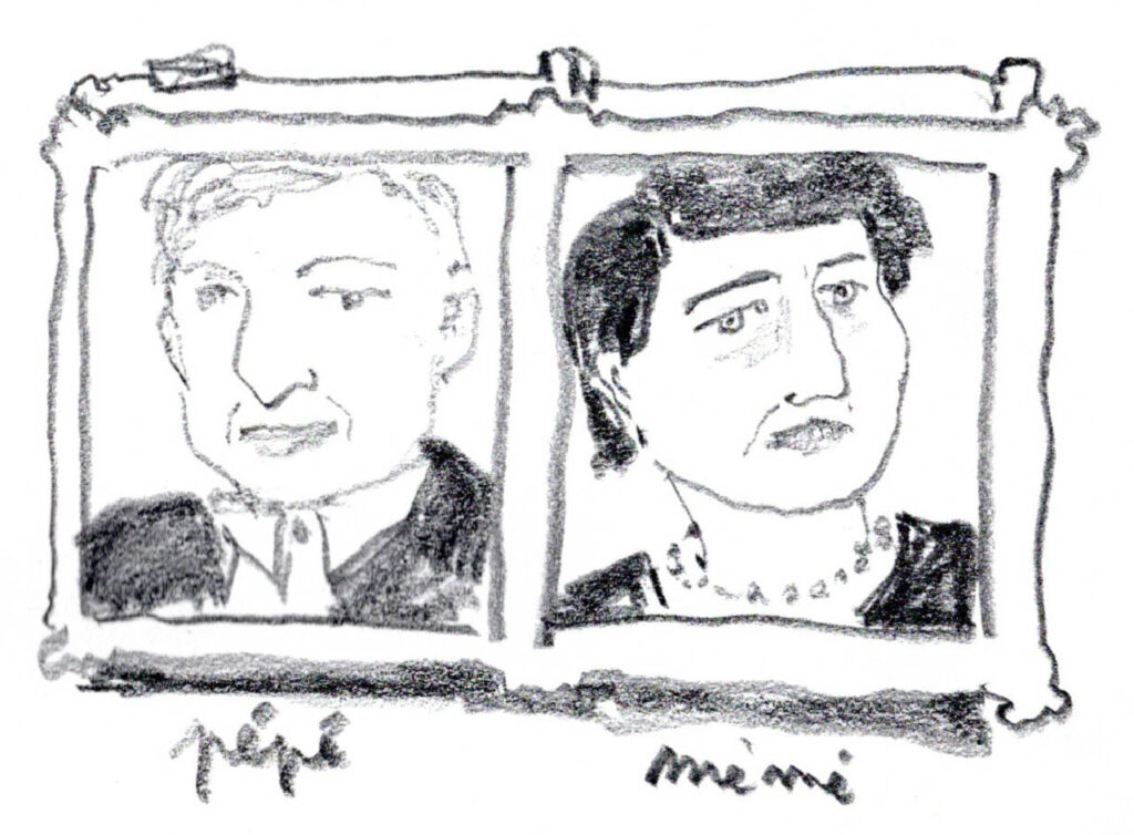 Un dessin au crayon de deux photographies d'identité encadrées, d'un homme à gauche et d'une femme à droite.