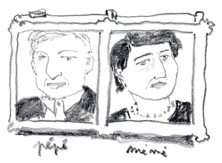 A pencil drawing of two framed ID photographs, of a man on the left and a woman on the right.