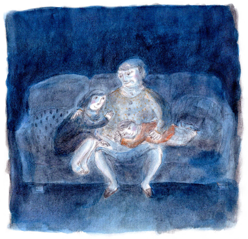 Une vieille dame assise sur un canapé avec deux enfants. La dame regarde la fille assise à sa droite. Le dessin est recouvert de peinture bleue.