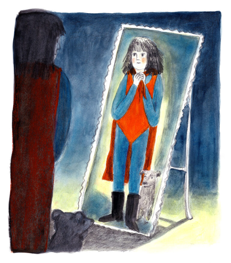 Painting of a girl with a red cape looking at herself in the mirror.