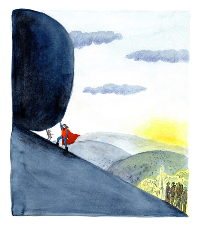 A girl with a red cape and a dog stand on a steep slope holding a large stone.