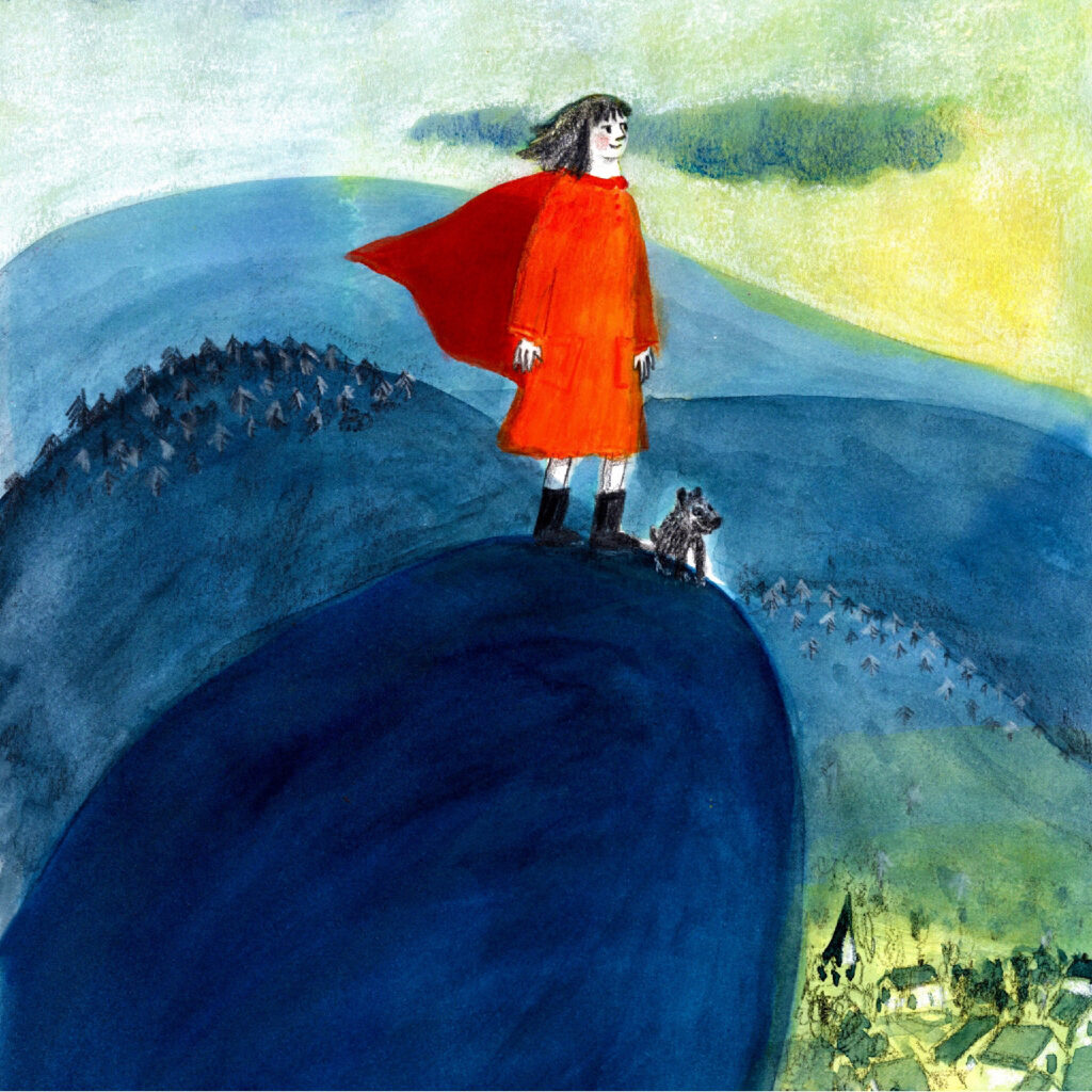 Painting depicting Ethel, a young girl standing at the top of a blue mountain, with a small grey dog at her side. She is wearing a red dress with a red cape that flutters in the wind. In the distance, you can see blue mountains, a blue-yellow sky and a village below.