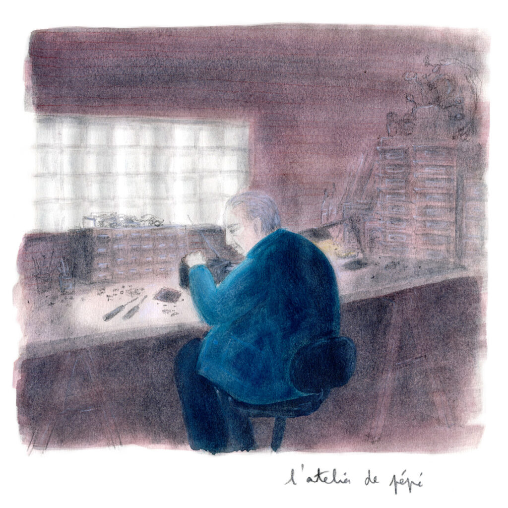 Watercolour and graphite illustration of a man sitting in his workshop, wearing a blue smock. He is repairing an appliance.