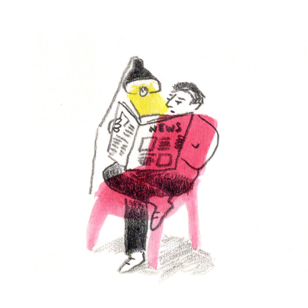 Drawing of a man reading a newspaper.