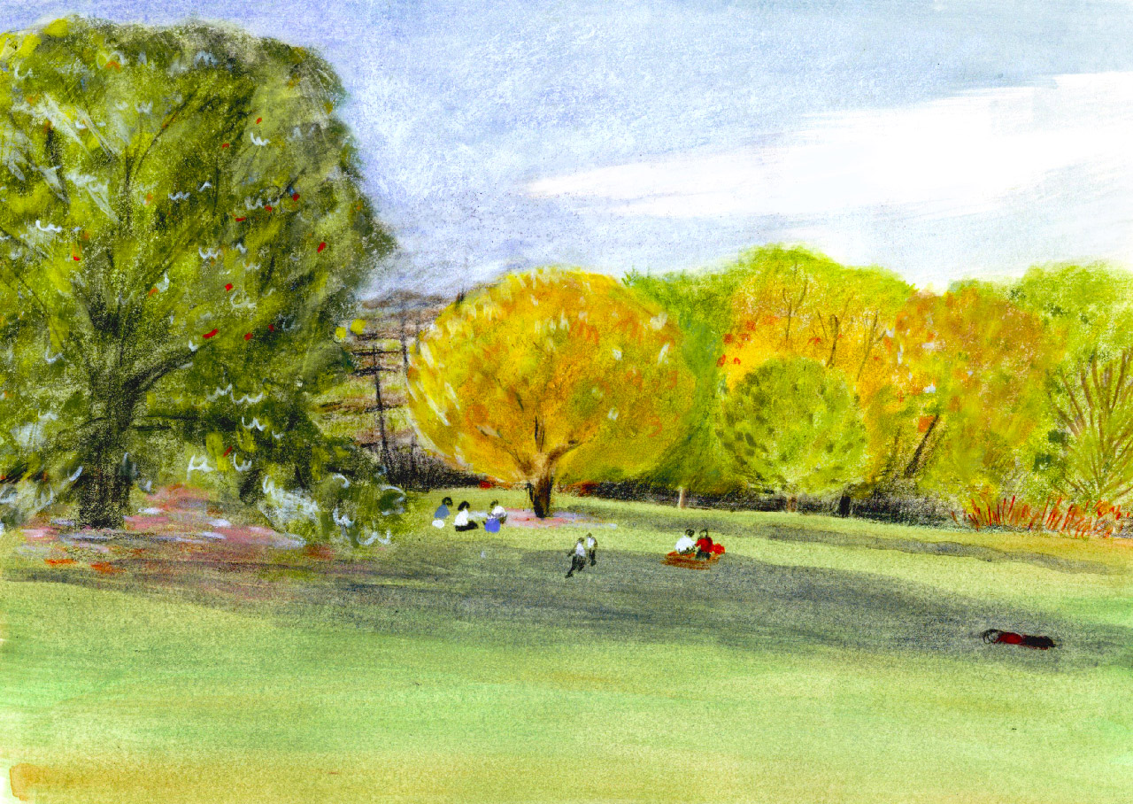 Painting of a natural landscape with green and yellow trees in the distance, a large grassy area and a few figures in the distance.