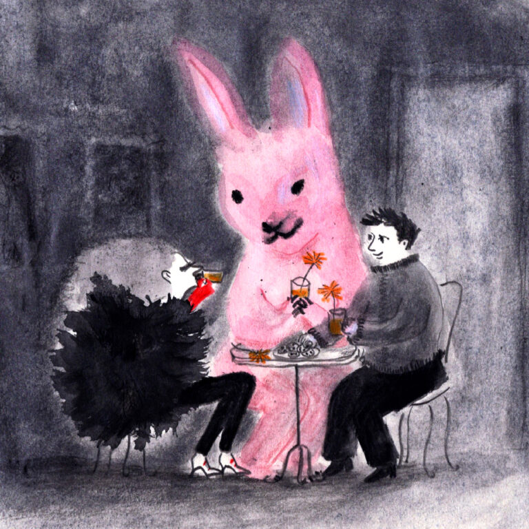 Graphite and gouache illustration. 3 characters are seated in a dark room. 2 women and a giant pink rabbit in the centre. They are having tea and eating biscuits.