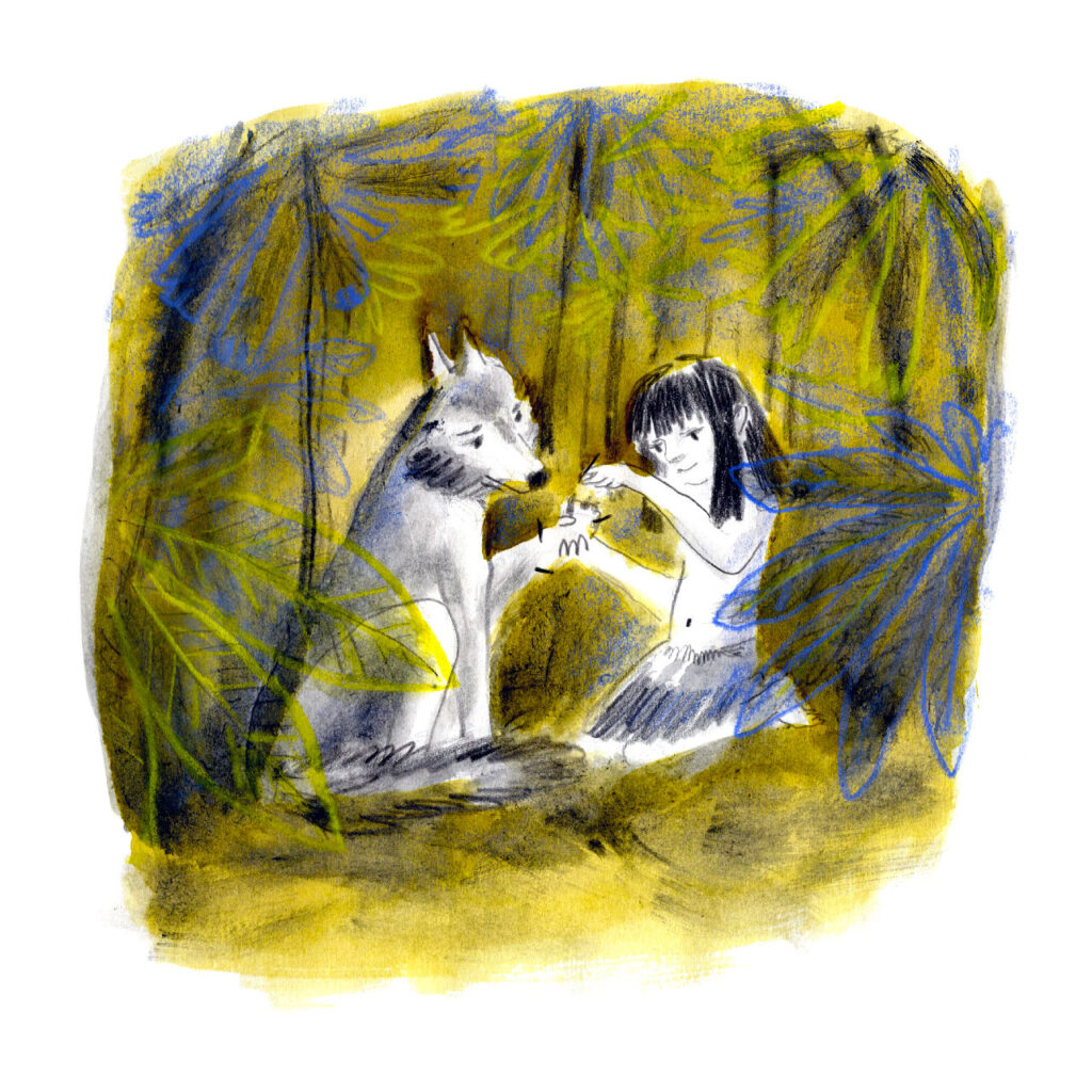 Drawing in yelow green of Mowgli with a wolf.