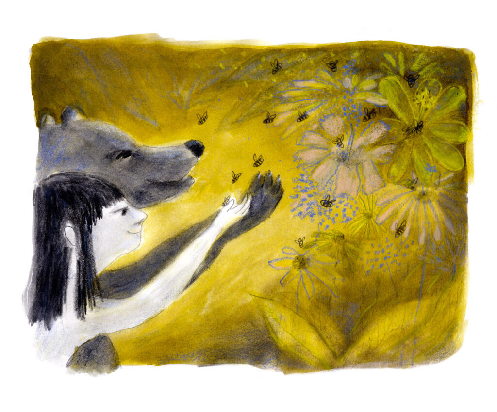 Drawing in yellow-green of Mowgli and Baloo lifting their arms towards flying bees.