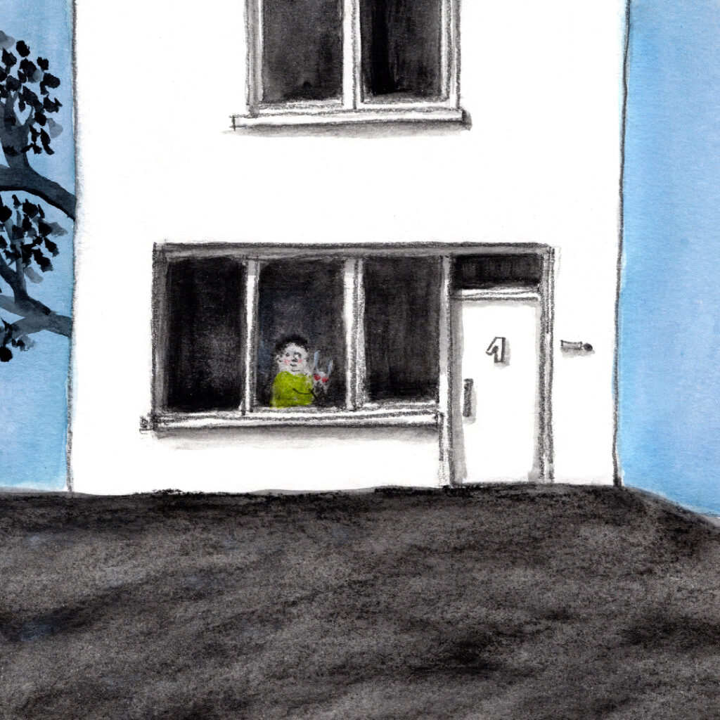 Drawing of a house. A little girl stands inside looking through the window.