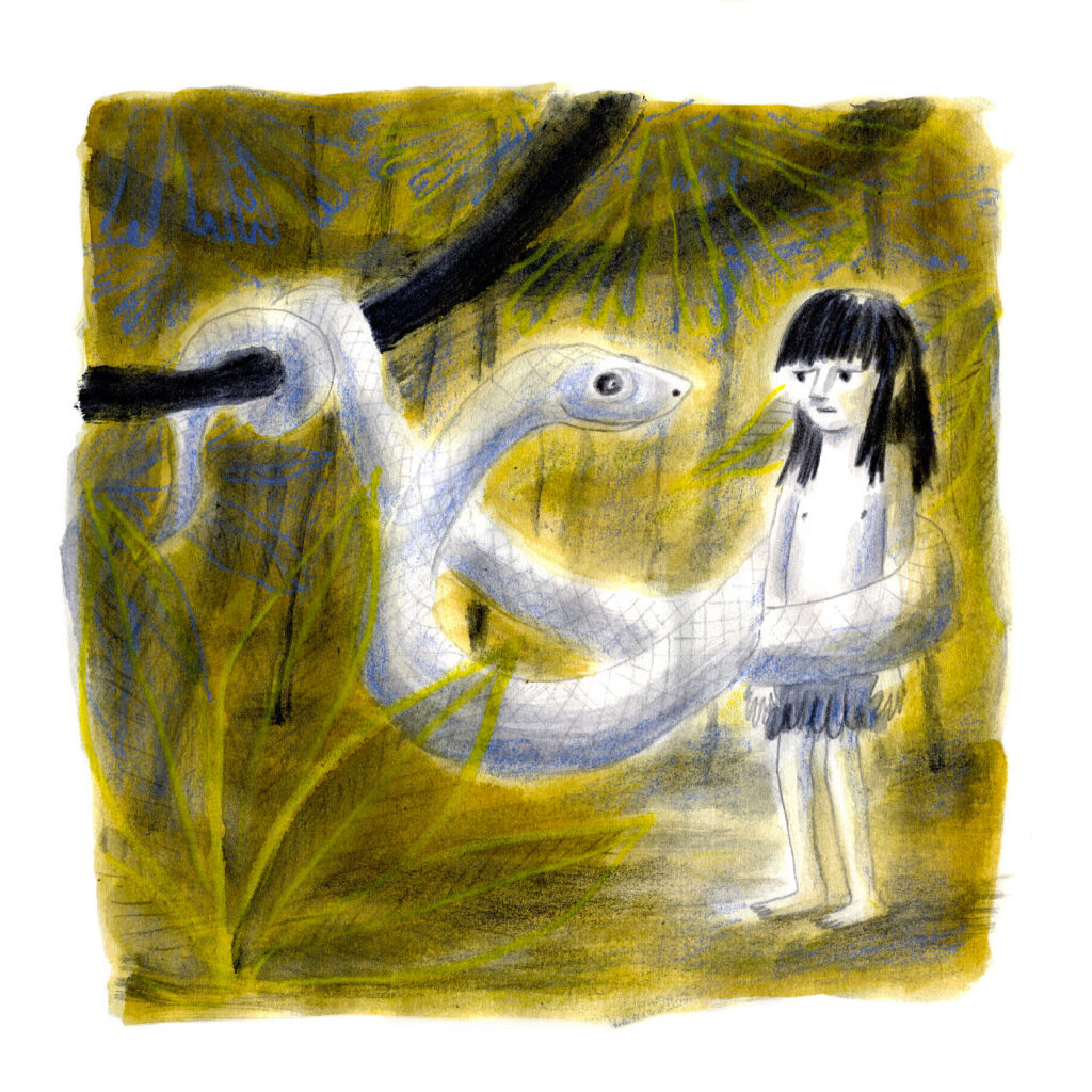 Drawing in yellow-green of Mowgli and a snake.