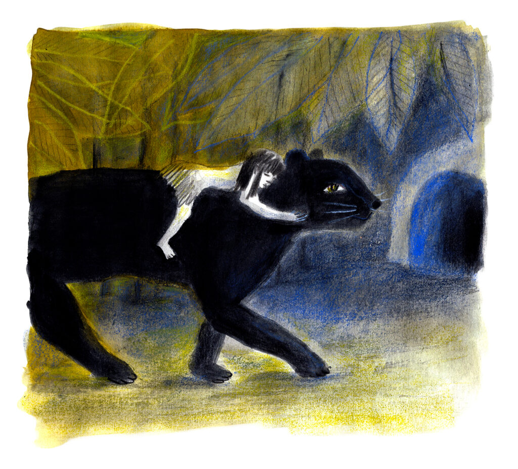 A black panther walking with a child lying on its back. Large yellow leaves appear in the background and a blue cave on the right.