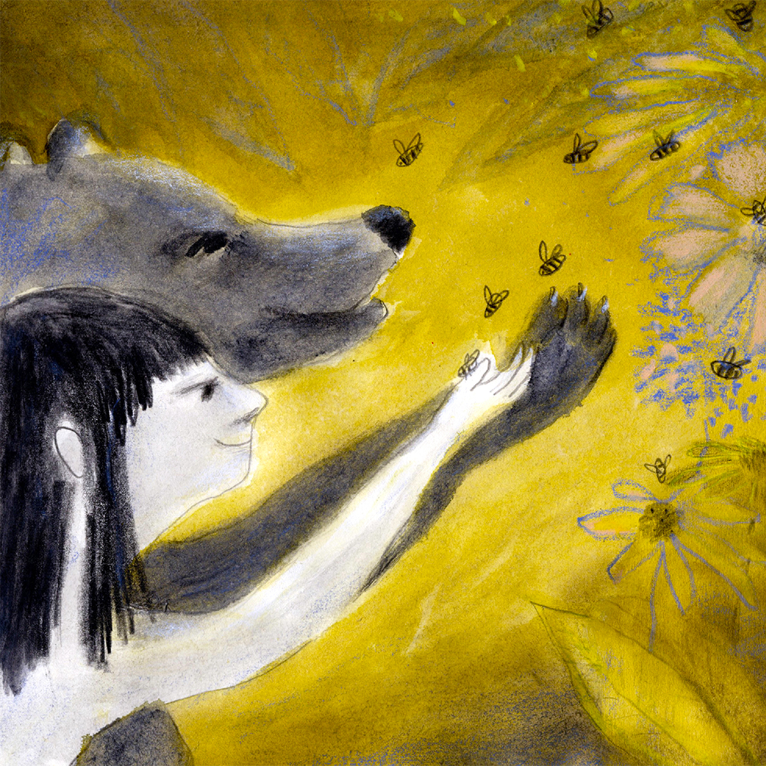 Drawing in yellow-green of Mowgli and Baloo lifting their arms towards flying bees.