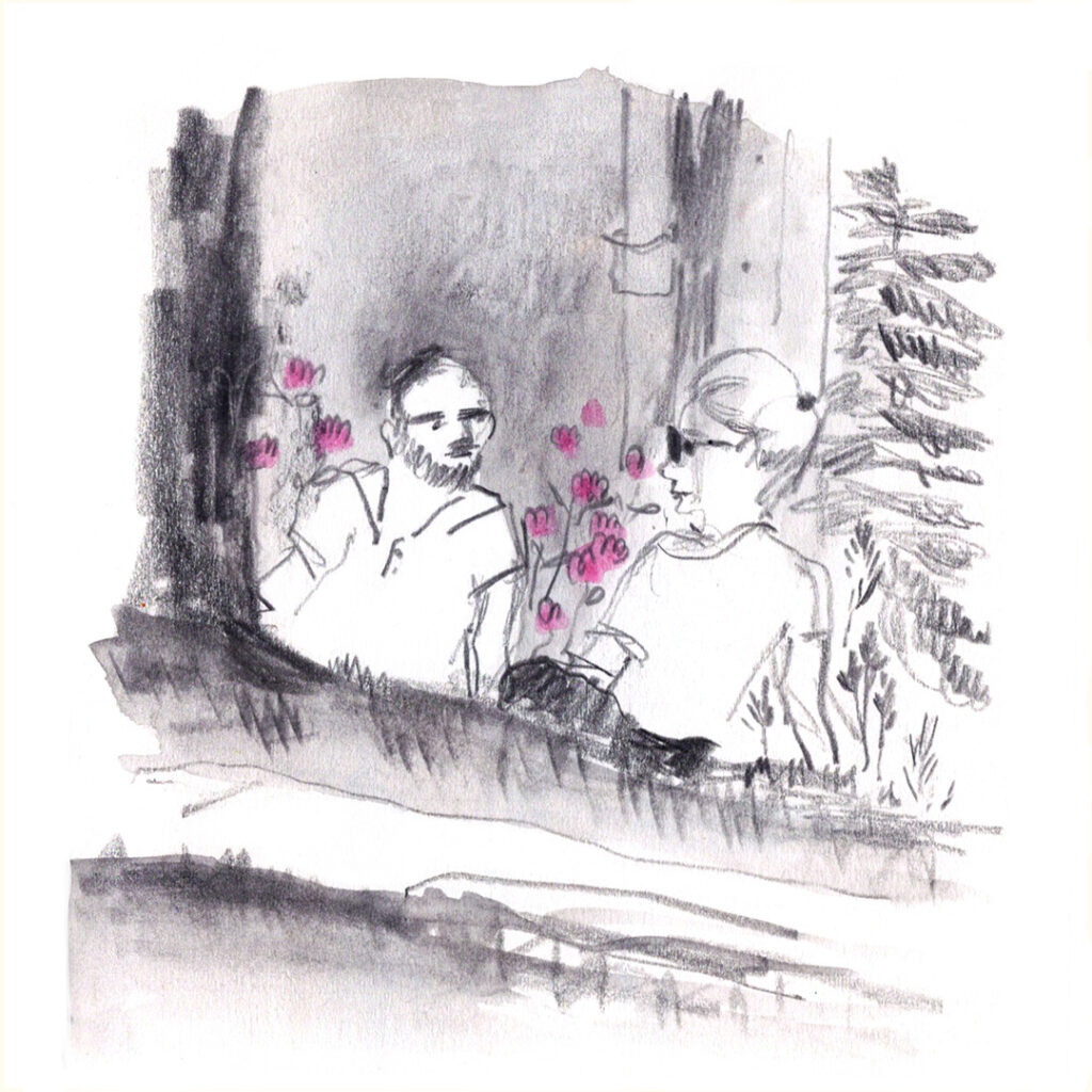 Drawing of a man and a woman sitting surrounded by pink flowers