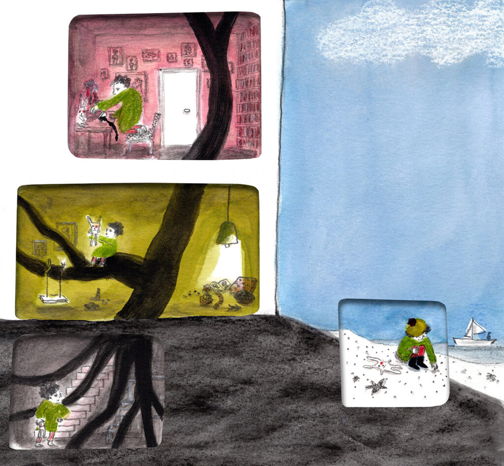 Illustration of a house showing rooms of different colours, with a character inside each room.