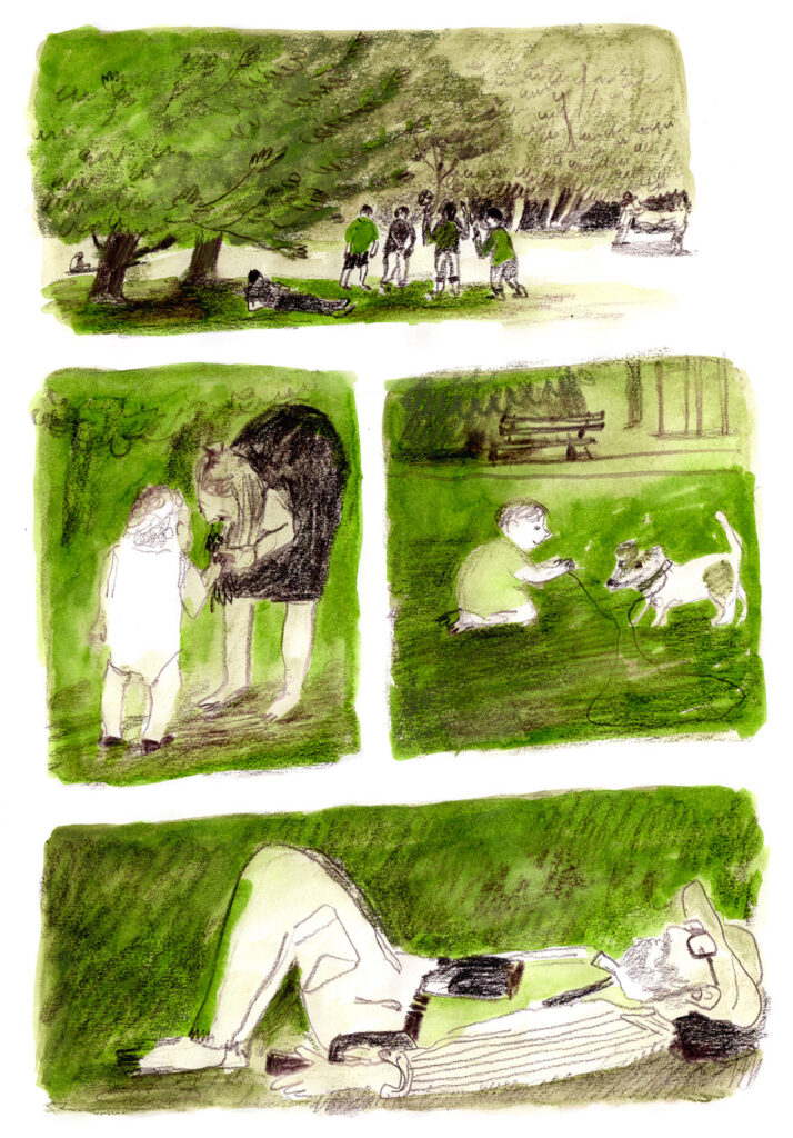 Green sketch of a series of scenes in a park.