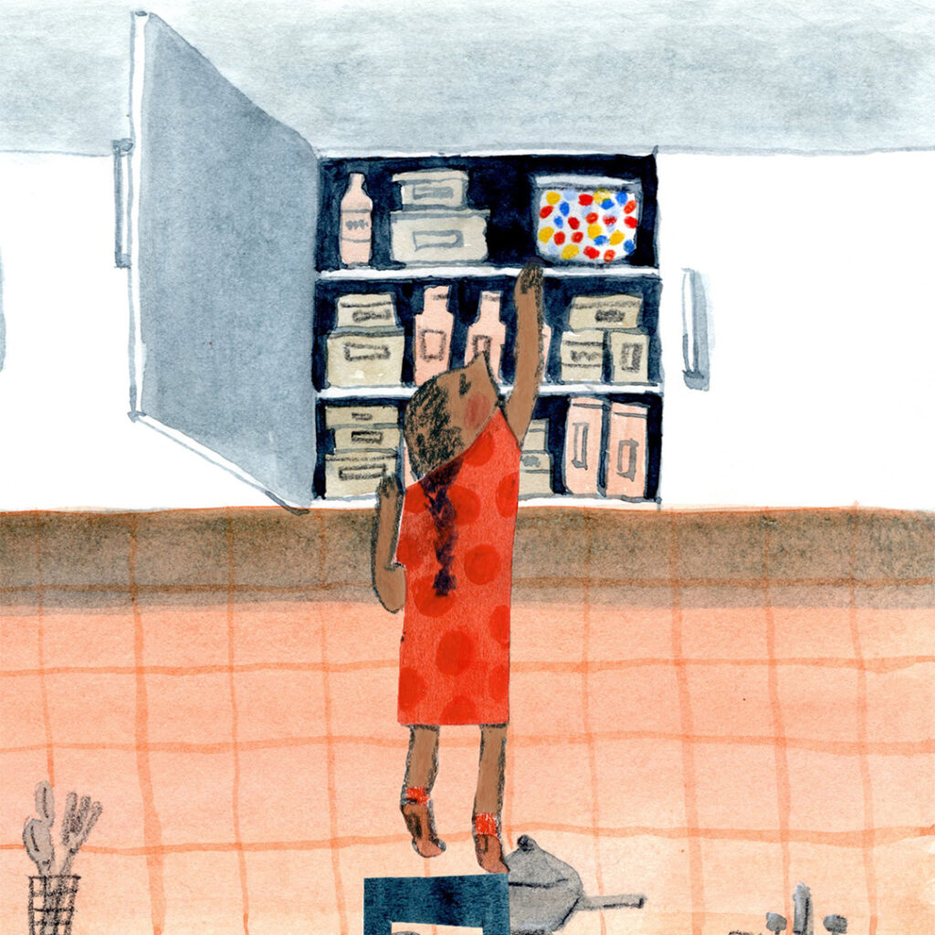 Drawing of a girl standing in front of a cupboard and trying to grab something.