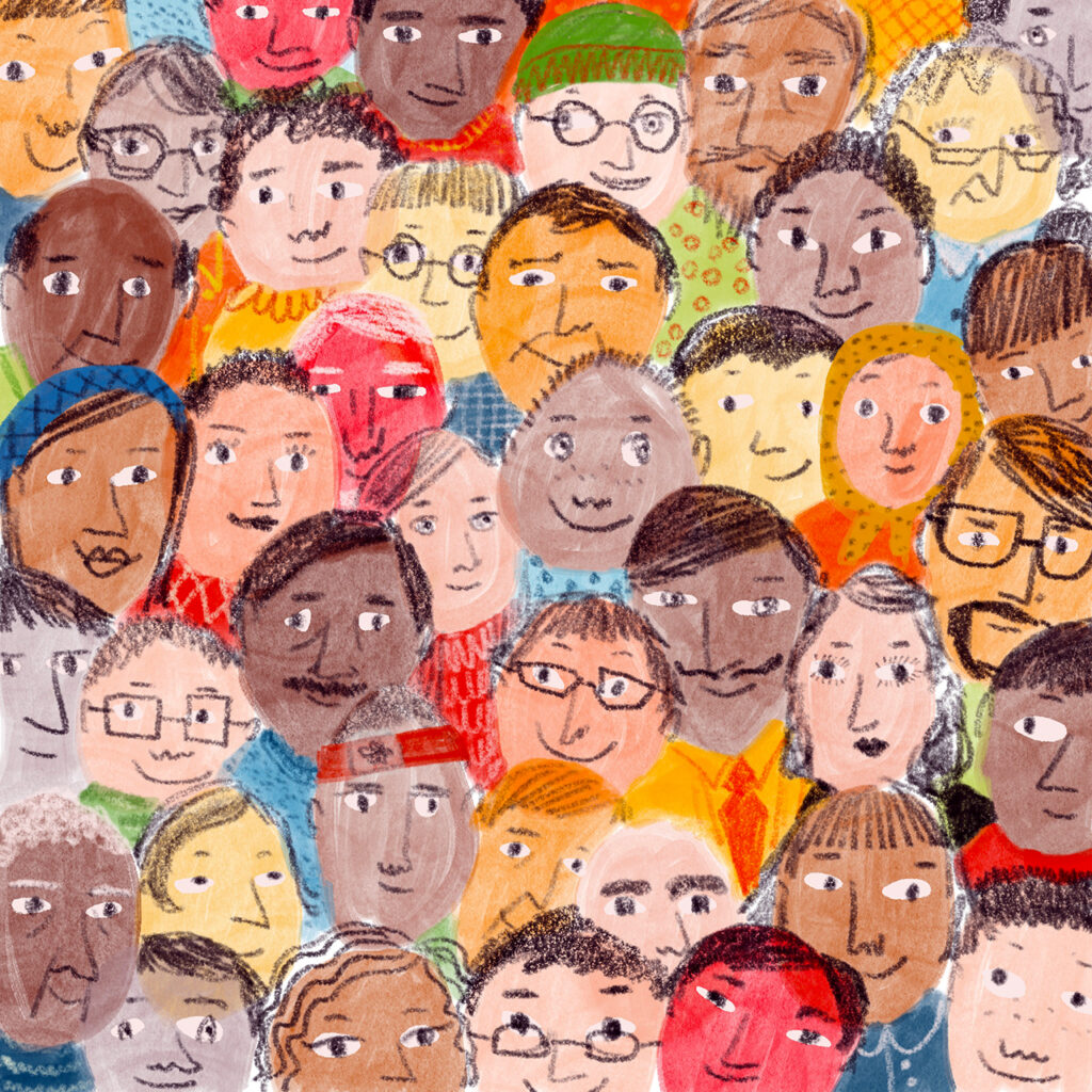 Drawing showing many different faces all different.