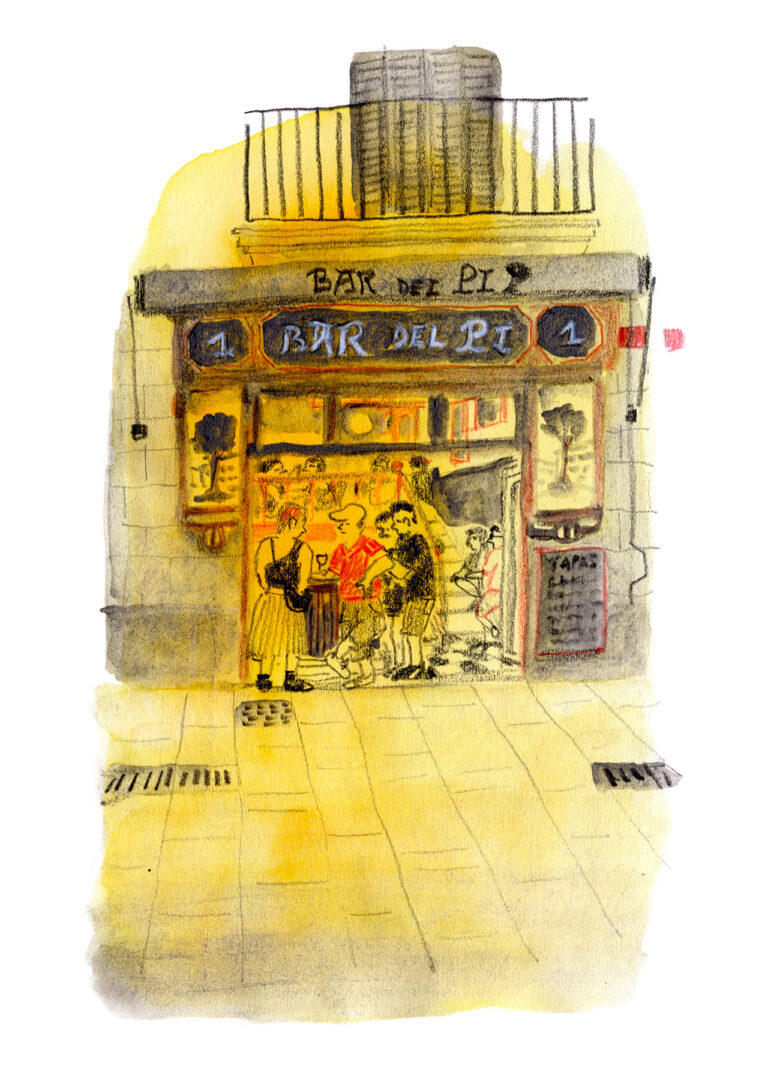 Yellow sketch of a bar at night.