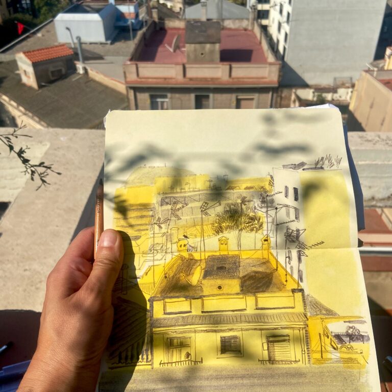 Photograph of a sketch of rooftops.