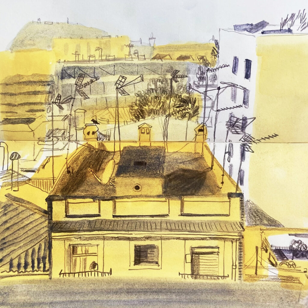 Sketch; mostly yellow, of rooftops.