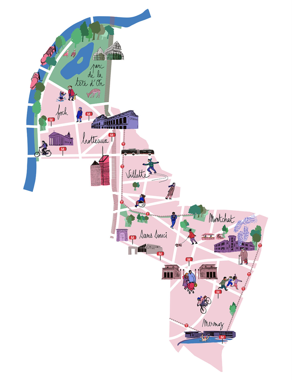 Digital illustrated map of a area of Lyon, mostly pink.