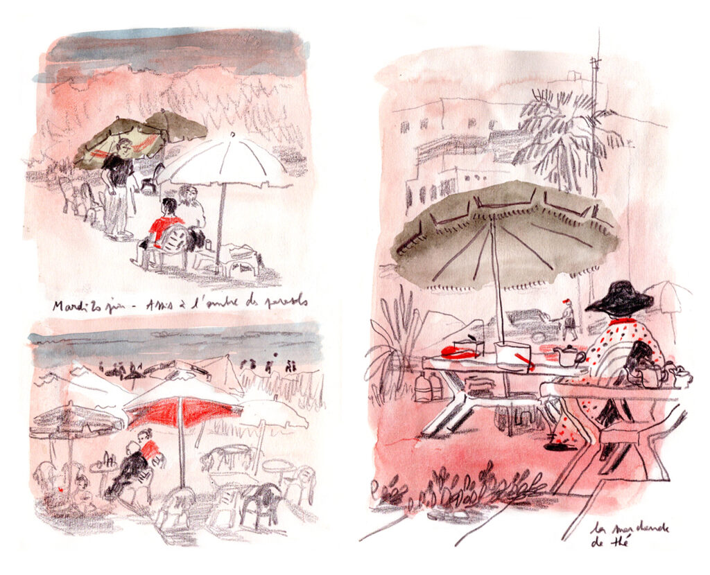 3 pink red sketches of sun umbrellas with people sitting.