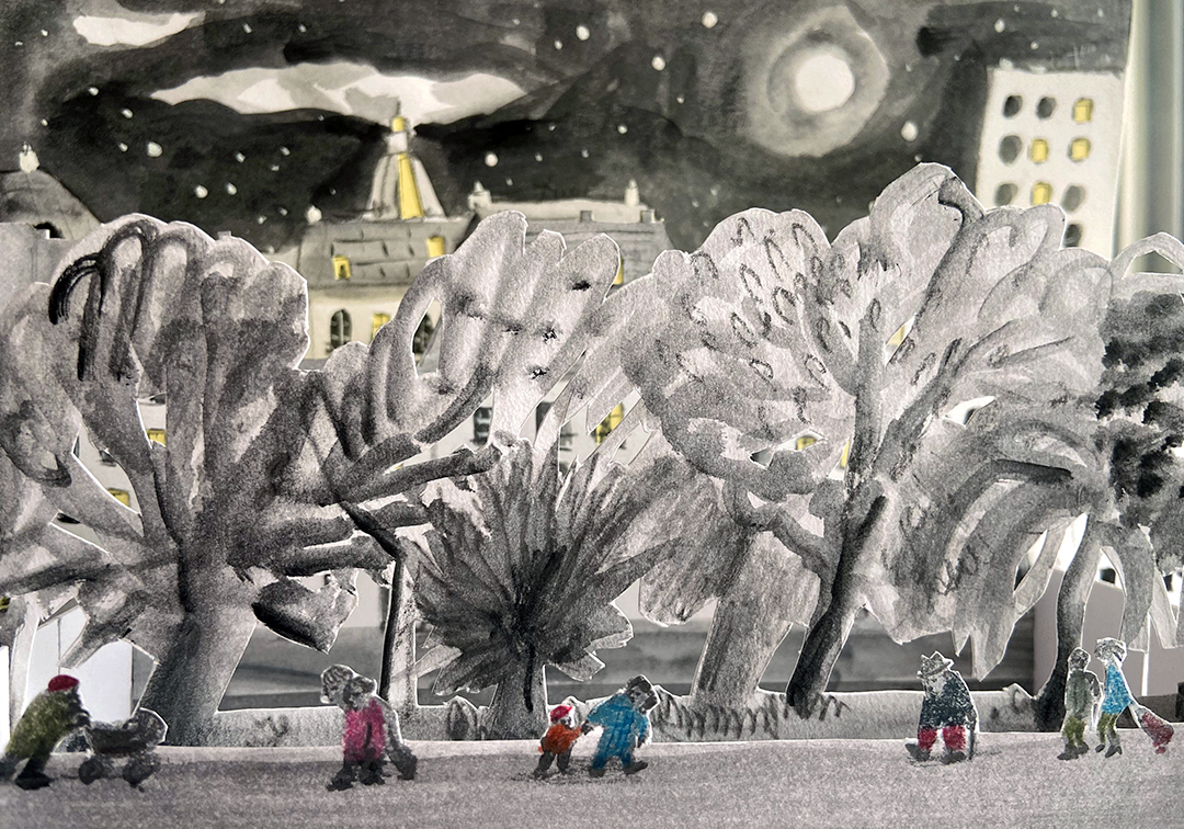 Cut out paper of a black and white city.