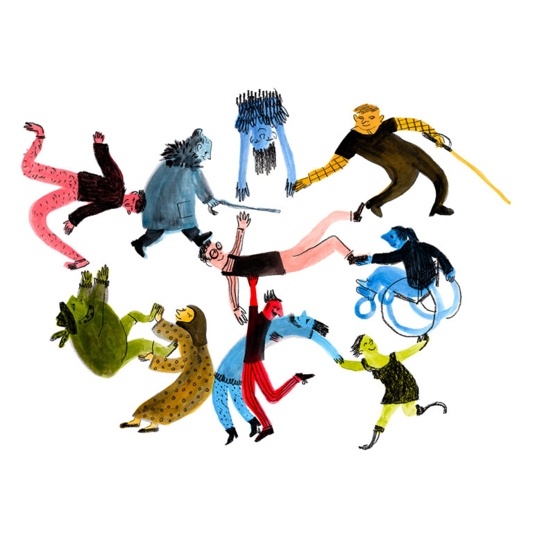 Painting of people of different colours dancing together.