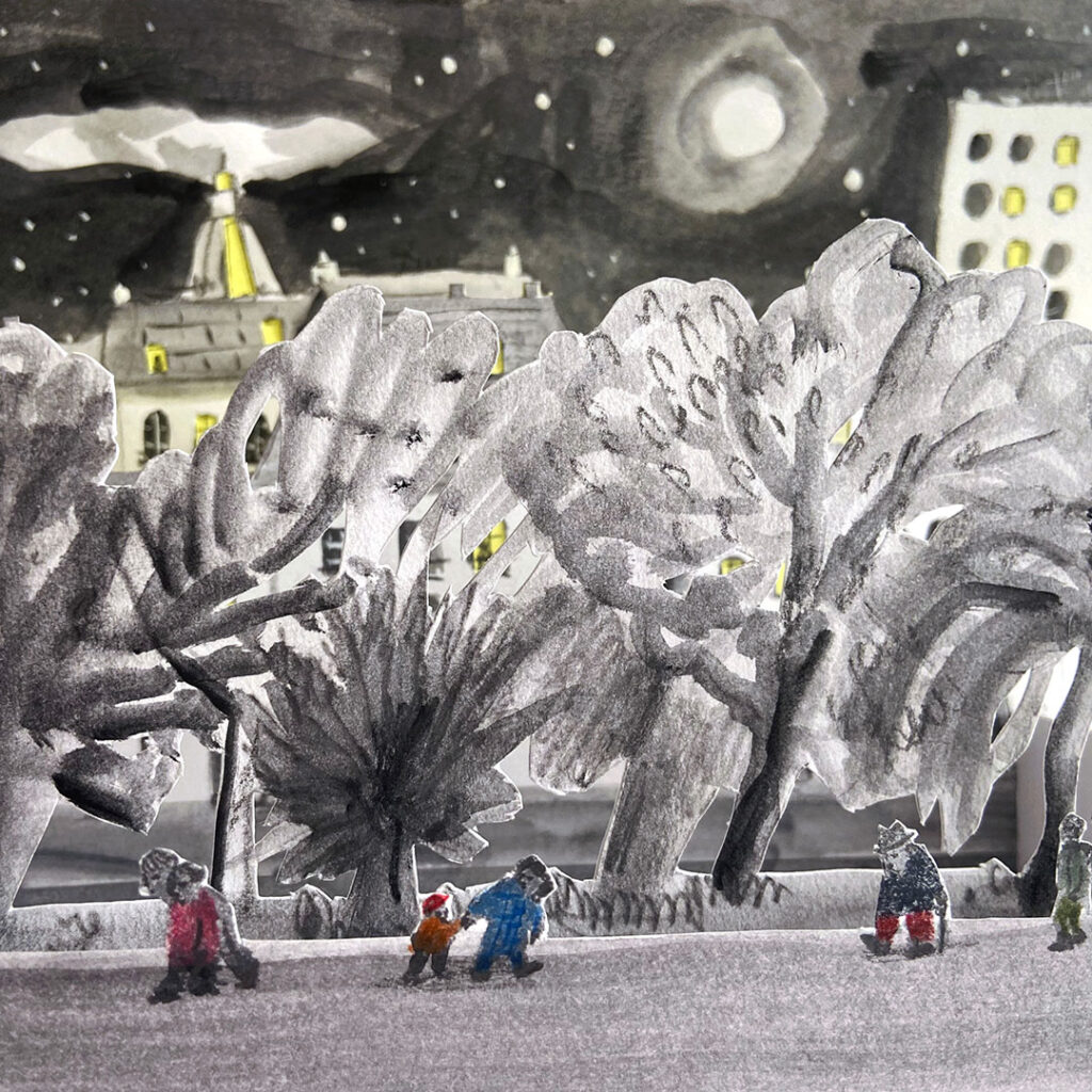 Cut out paper of a black and white city.