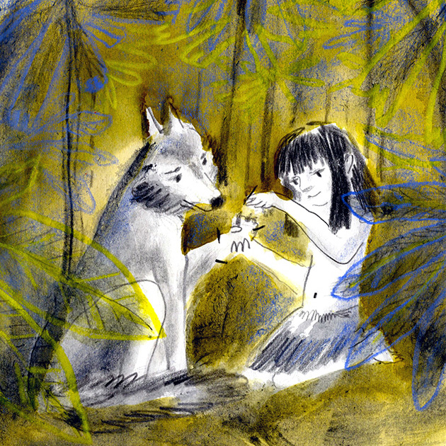 Drawing in yellow green of Mowgli with a wolf.