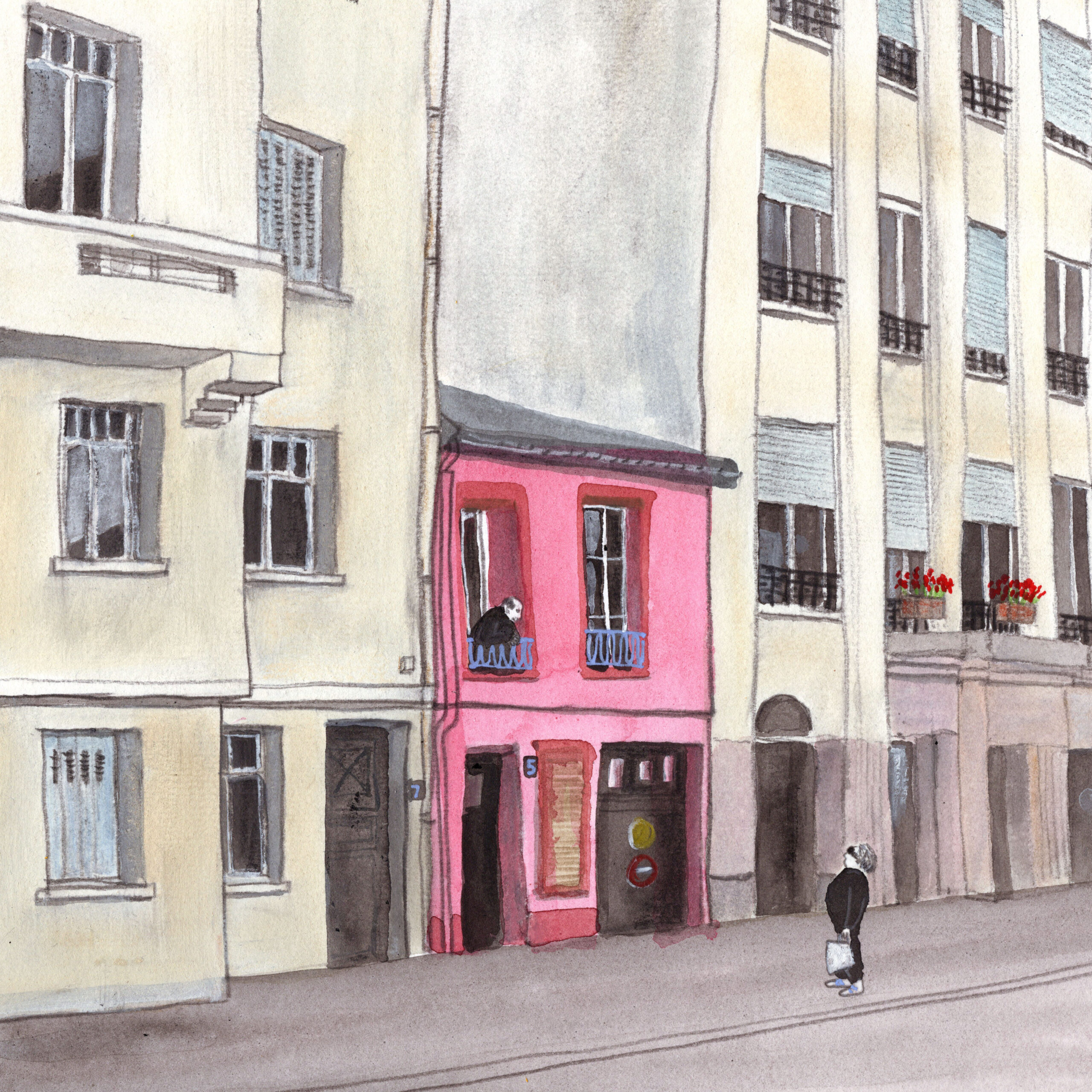 Drawing in yellow green of Mowgli with a wolf.