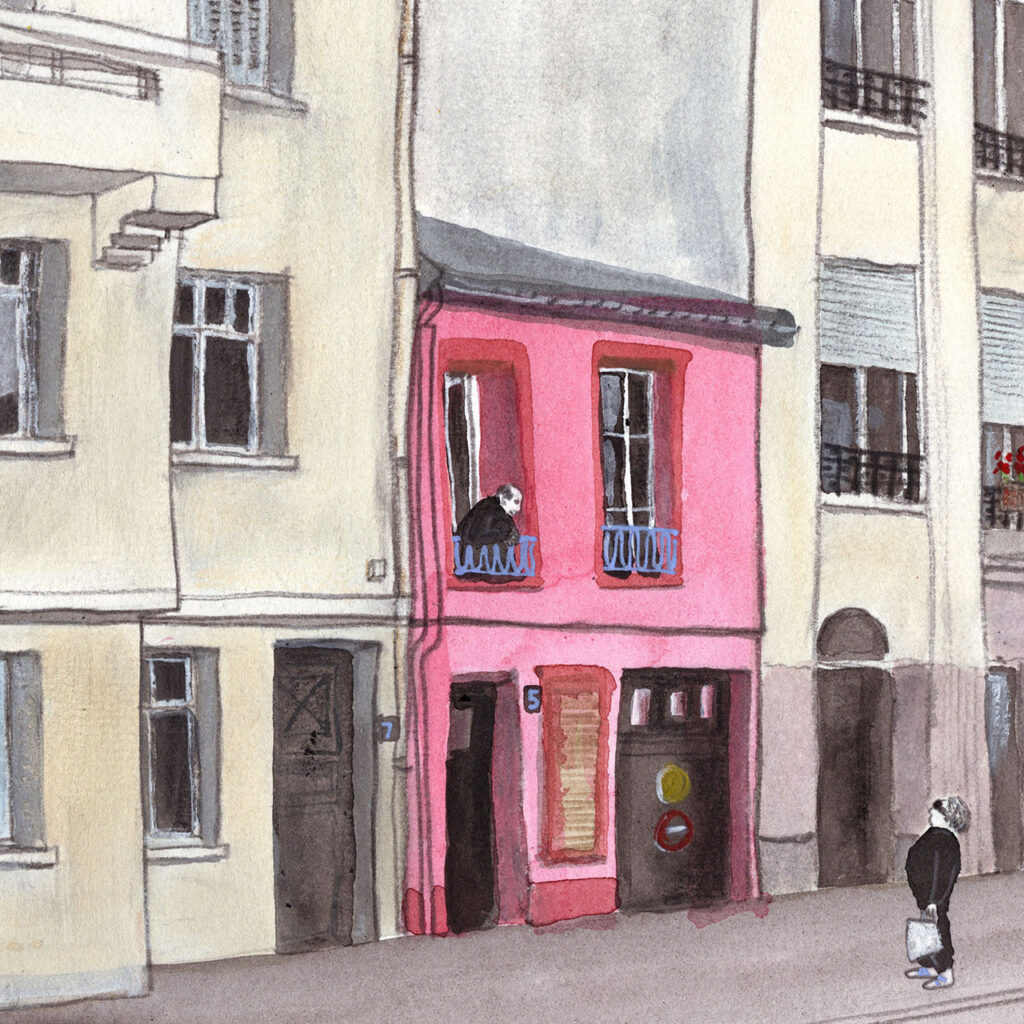 Drawing of a pink house standing between 2 tall buildings with two persons talking to each other.