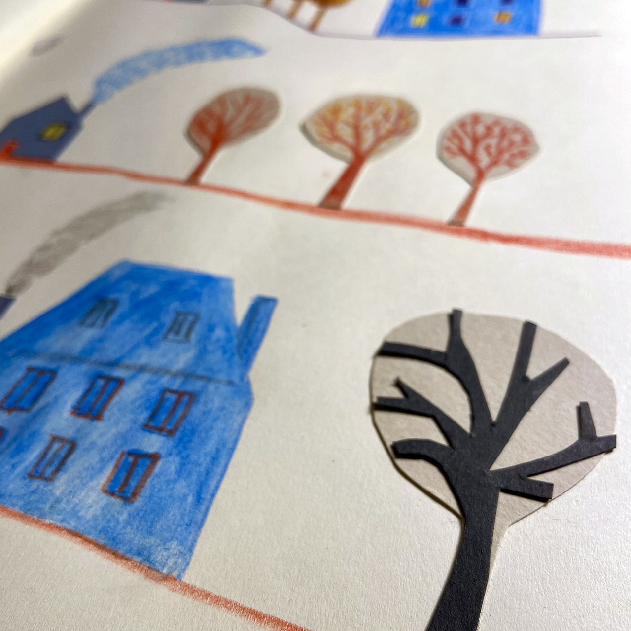 Drawing in yellow green of Mowgli with a wolf.