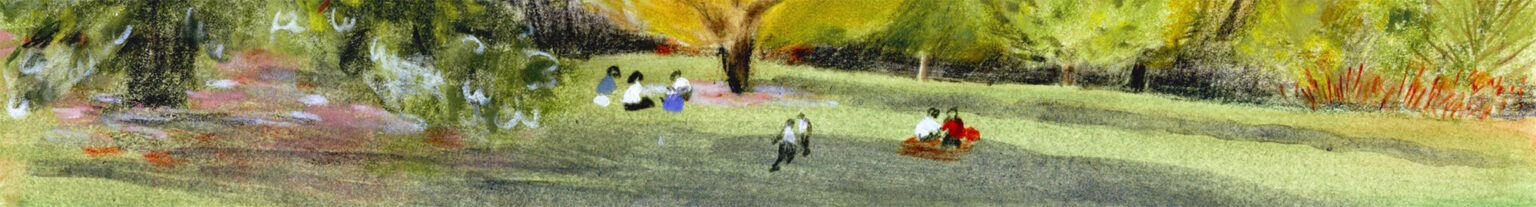 Extract of a painting, mostly yellow and green, showing tiny people sitting in the grass.