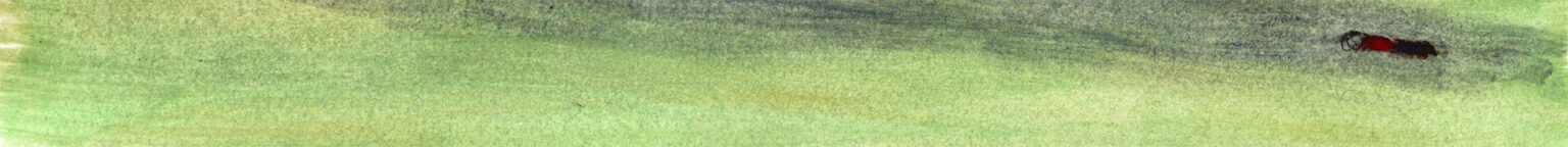Extract of a painting mostly green, showing a person leeping in the grass.