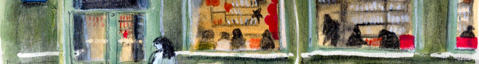 Extrait d'une peinture dans les tons verts qui représente la vitrine d'un café le soir.