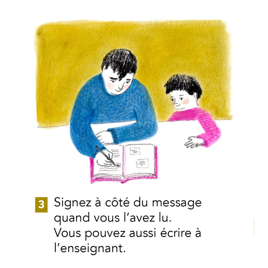 Dessin représentant un homme et un enfant devant une table. L'homme écrit dans un carnet de liaison.