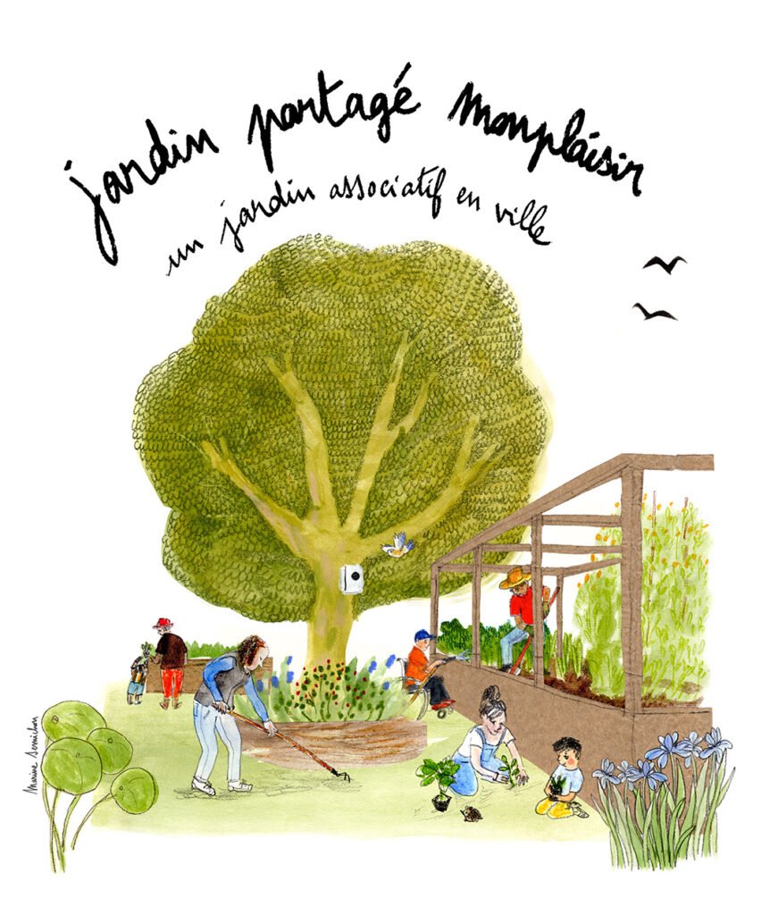 Dessin à dominance verte représentant un jardin avec un grand arbre.