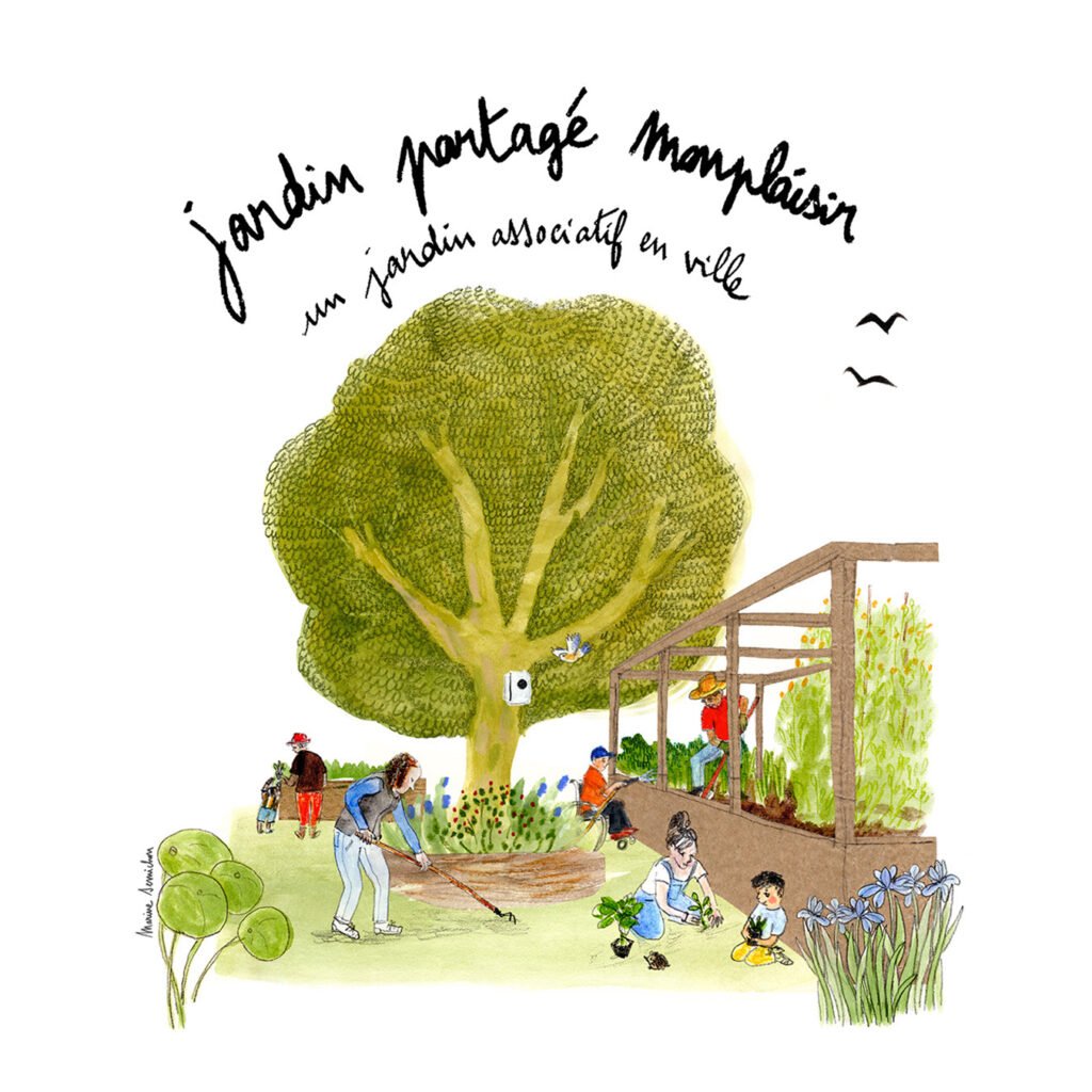 A predominantly green drawing depicting a garden with a large tree.
