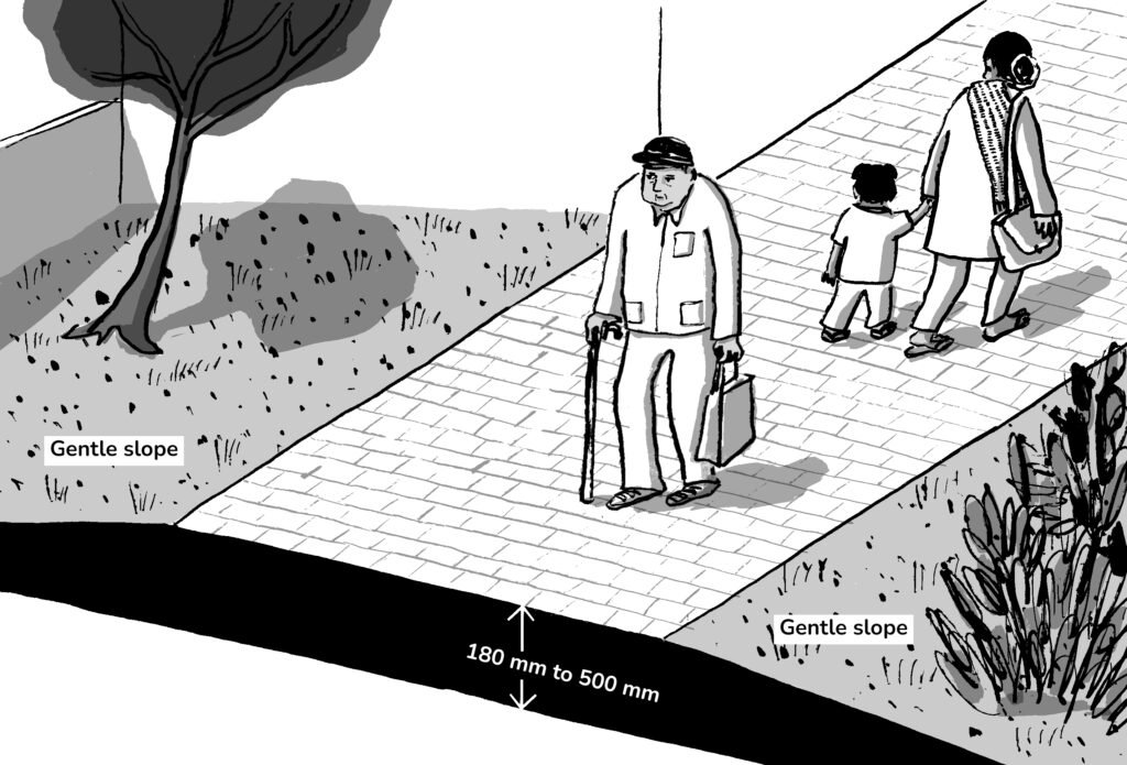 Dessin expliquant l'accessibilité et l'architecture en noir et blanc. Un vieux monsieur marche avec une canne et une femme tient un enfant par la main.