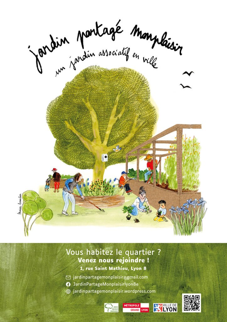 Graphisme d'une affiche dans les tons blanc et vert, comprenant un dessin avec un grand arbre.