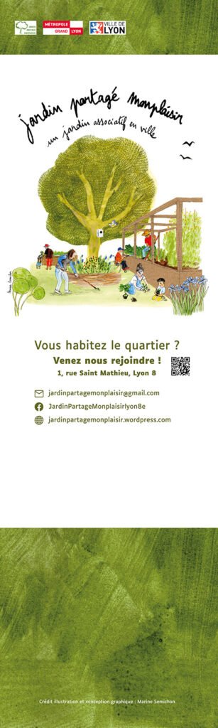 Graphisme d'un kakémono dans les tons blanc et vert, comprenant un dessin avec un grand arbre.