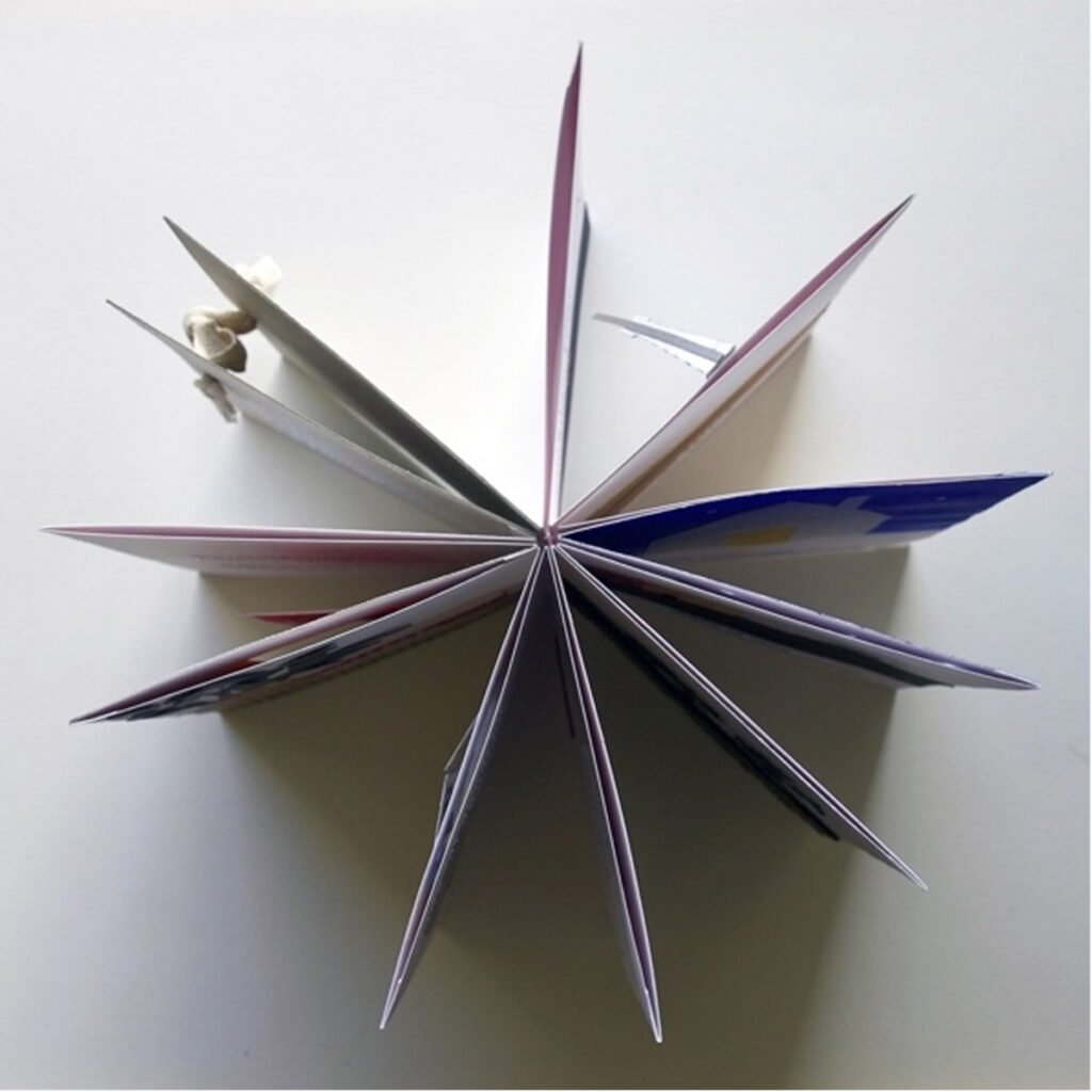 Photographie d'un livre tactile ouvert vue de haut. Les pages ouvertes forment une étoile.