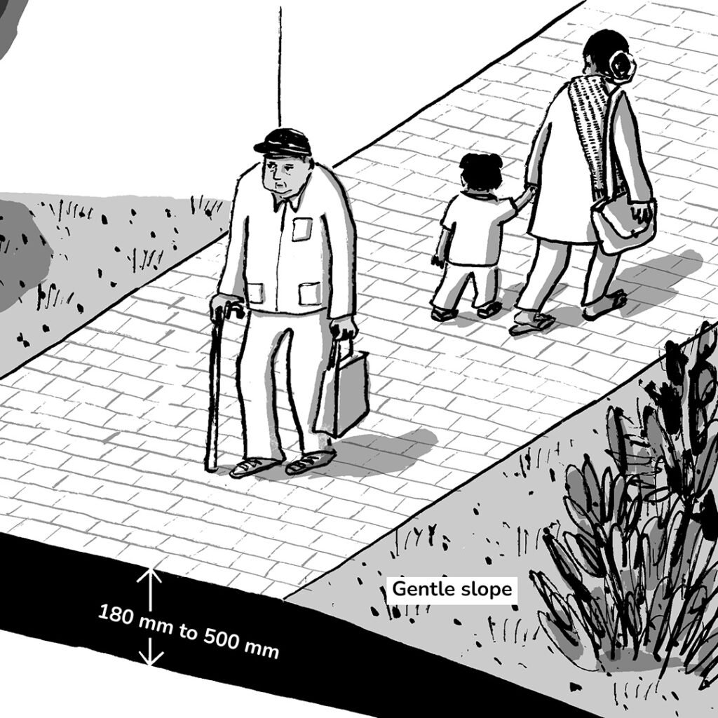 A black-and-white accessibility illustration depicting a man walking with a walking stick and a woman holding a small child by the hand.